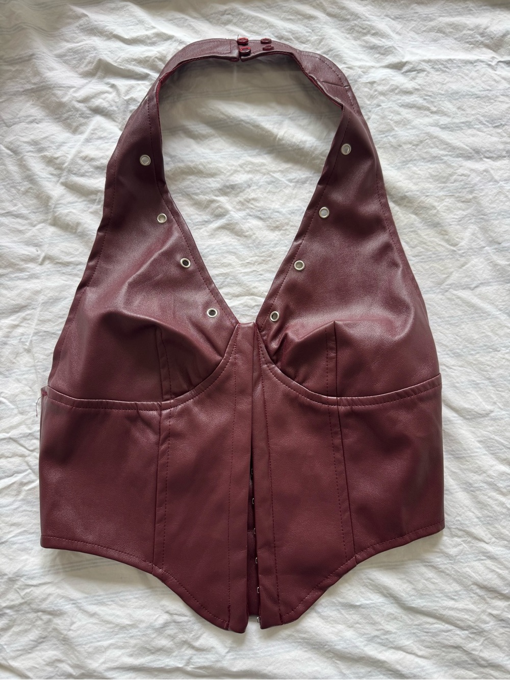 Japna Wine Faux Leather Halter Corset Crop Top